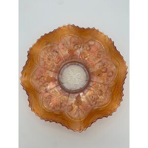 Vtg Fenton Glass Peacock And Grape Marigold Carnival Glass Footed Bowl 9”